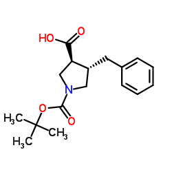 (3S,4S)-4-Benzyl-1-{[(2-methyl-2-propanyl)oxy]carbonyl}-3-pyrrolidinecarboxylic acid结构式