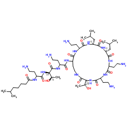 N-(4-Amino-1-{[(2R,3R)-1-{[4-amino-1-oxo-1-({(3S,12R,15R)-6,9,18-tris(2-aminoethyl)-3-[(1R)-1-hydroxyethyl]-12,15-diisobutyl-2,5,8,11,14,17,20-heptaoxo-1,4,7,10,13,16,19-heptaazacyclotricosan-21-yl}amino)-2-butanyl]amino}-3-hydroxy-1-oxo-2-butanyl]amino}-1-oxo-2-butanyl)-6-methylheptanamide结构式