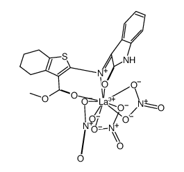 [La(nitrate)3(2-(N-indole-2-one)amino-3-carboxymethyl-4,5,6,7-tetrahydrobenzo[b]thiophene)]结构式