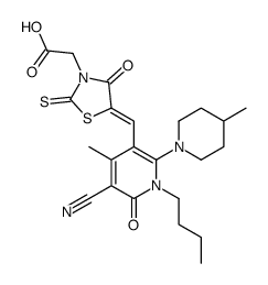 2-[5-[[1-butyl-5-cyano-4-methyl-2-(4-methylpiperidin-1-yl)-6-oxopyridin-3-yl]methylidene]-4-oxo-2-sulfanylidene-1,3-thiazolidin-3-yl]acetic acid Structure