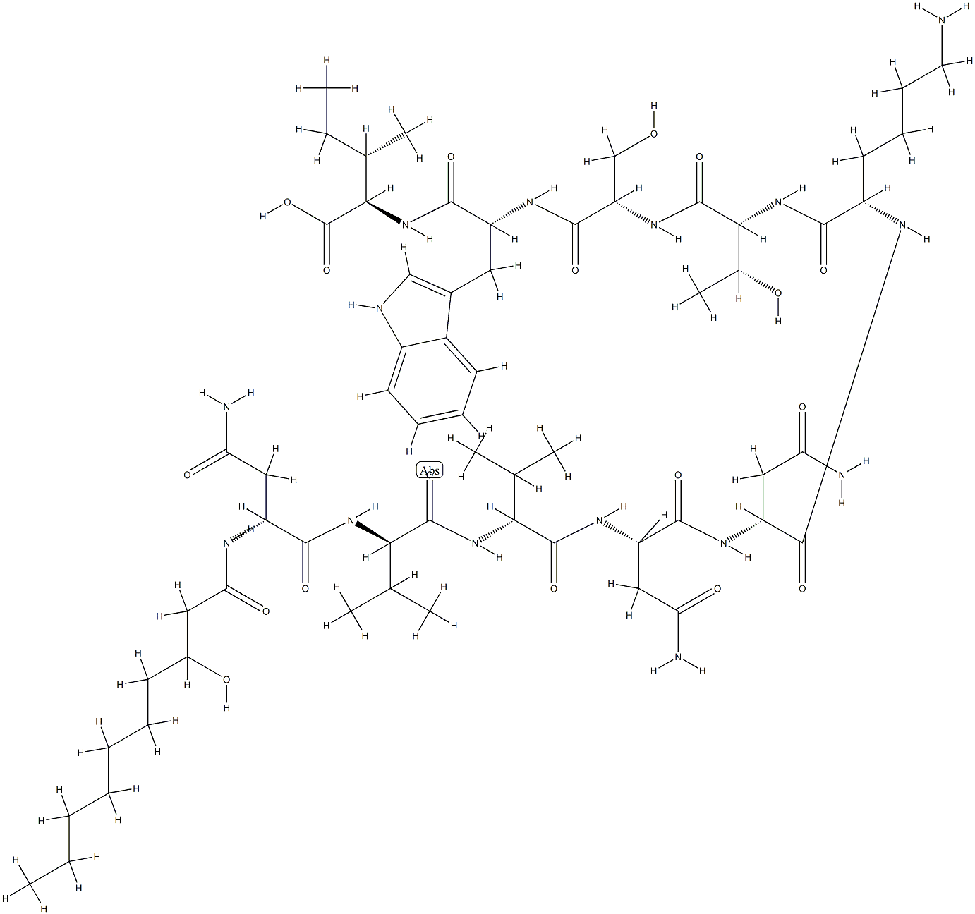 N2-(3-Hydroxy-9-methyl-1-oxononyl)-D-Asn-D-Val-D-Val-L-Asn-D-Asn-L-Lys-D-aThr-L-Ser-D-Trp-D-aIle-OH结构式