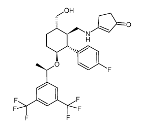 3-({[(1R,2R,3S,6S)-3-{(1R)-1-[3,5-bis(trifluoromethyl)phenyl]ethoxy}-2-(4-fluorophenyl)-6-(hydroxymethyl)cyclohexyl]methyl}amino)cyclopent-2-en-1-one结构式
