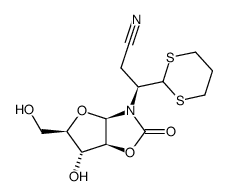 3-[(S)-1-(1,3-dithian-2-yl)]cyanoethyl-(1,2-dideoxy-β-D-arabinofurano)-[1,2-d]-2-oxazolidinone结构式