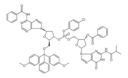 N-benzoyl-5'-O-[bis(4-methoxyphenyl)phenylmethyl]-P-(4-chlorophenyl)-2'-deoxyadenylyl-(3'→5')-2'-deoxy-N-(2-methyl-1-oxopropyl)guanosine 3'-benzoate picture