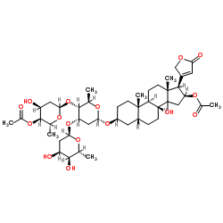 (3β,5β,14ξ,16β)-16-Acetoxy-3-{[4-O-acetyl-2,6-dideoxy-α-D-ribo-hexopyranosyl-(1->4)-[2,6-dideoxy-α-D-ribo-hexopyranosyl-(1->3)]-2,6-dideoxy-α-D-ribo-hexopyranosyl]oxy}-14-hydroxycard-20(22)-enolide结构式