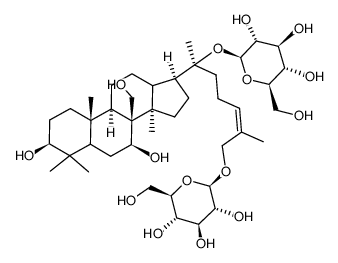 (20S)-3β,6α,7β,20,27-pentahydroxy-dammar-24-ene 20,27-bis-O-β-D-glucopyranoside Structure