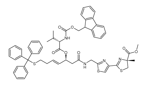 (4R)-methyl 2-(2-((8S)-1-(9H-fluoren-9-yl)-5-isopropyl-3,6,10-trioxo-8-((E)-4-(tritylthio)-but-1-enyl)-2,7-dioxa-4,11-diazadodecan-12-yl)thiazol-4-yl)-4-methyl-4,5-dihydrothiazole-4-carboxylate structure