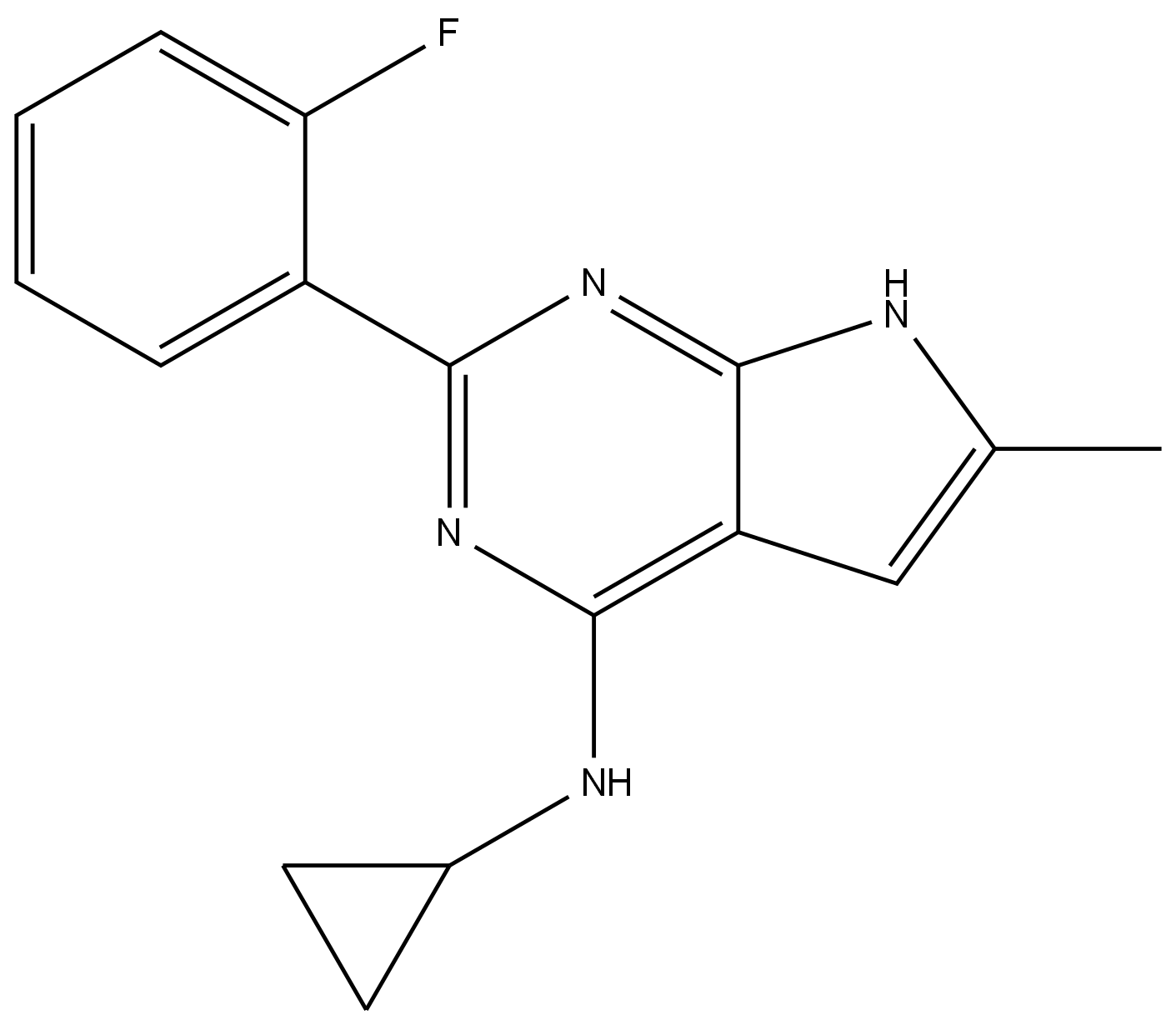 N-Cyclopropyl-2-(2-fluorophenyl)-6-methyl-7H-pyrrolo[2,3-d]pyrimidin-4-amine结构式