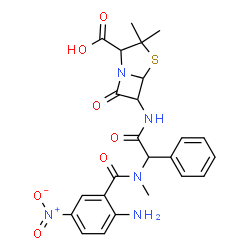 4-Thia-1-azabicyclo[3.2.0]heptane-2-carboxylicacid,6-[2-(2-amino-N-methyl-5-nitrobenzamido)-2-phenylacetamido]-3,3-dimethyl-7-oxo-,DL-(8CI) Structure