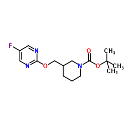 2-Methyl-2-propanyl 3-{[(5-fluoro-2-pyrimidinyl)oxy]methyl}-1-piperidinecarboxylate结构式