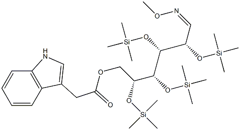 D-Glucose, 2,3,4,5-tetrakis-O-(trimethylsilyl)-, O-methyloxime, 6-(1H- indole-3-acetate) Structure