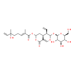 6-Hydroxy-2,6-dimethyl-2,7-octadienoic acid 5-ethenyl-6-(β-D-glucopyranosyloxy)-4,4a,5,6-tetrahydro-1-oxo-1H,3H-pyrano[3,4-c]pyran-3-yl ester Structure