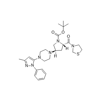 tert-Butyl (2S,4R)-4-(4-(3-methyl-1-phenyl-1H-pyrazol-5-yl)piperazin-1-yl)-2-(thiazolidine-3-carbonyl)pyrrolidine-1-carboxylate structure