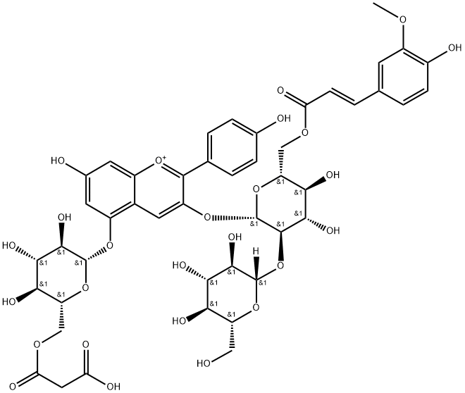 Pelargonidin 3-O-[6-O-(E)-Ferulyl-2-O-β-D-glucoside}-β-D-glucoside]-5-O-(6-O-malonyl）-β-D-glucoside Structure