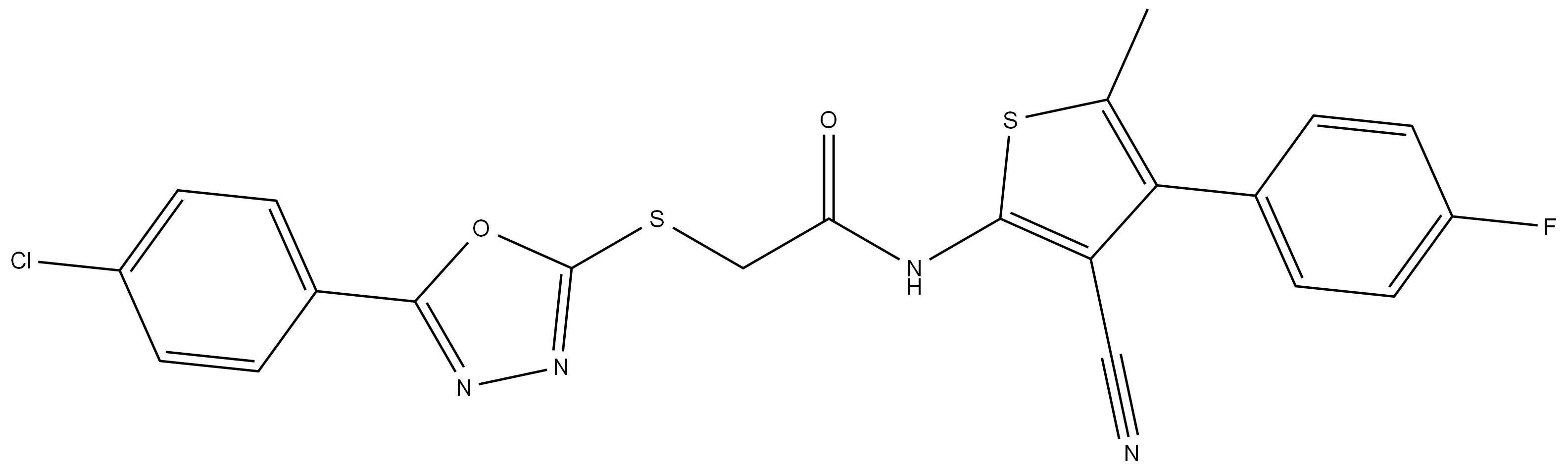 Acetamide, 2-[[5-(4-chlorophenyl)-1,3,4-oxadiazol-2-yl]thio]-N-[3-cyano-4-(4-fluorophenyl)-5-methyl-2-thienyl]- Structure