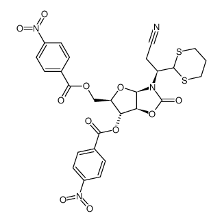 3-[(S)-1-(1,3-dithian-2-yl)]cyanoethyl-(1,2-dideoxy-3,5-di-O-p-nitrobenzoyl-β-D-arabinofurano)-[1,2-d]-2-oxazolidinone结构式