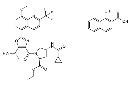 1-[[5-(1(S)-aminoethyl)-2-[8-methoxy-2-(trifluoromethyl)-5-quinolyl]-4-oxazolyl]carbonyl]-4(R)-[(cyclopropyl-carbonyl)amino]-L-proline ethyl ester xinafoate Structure