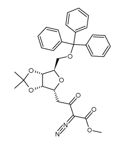 methyl 2-diazo-4-(2,3-O-isopropylidene-5-O-trityl-α-D-ribofuranosyl)-3-oxobutanoate structure