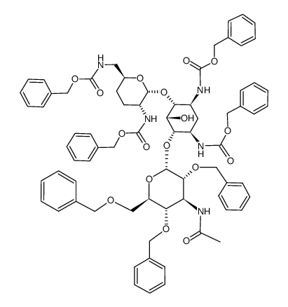 O-3-acetamido-2,4,6-tri-O-benzyl-3-deoxy-α-D-glucopyranosyl-(1->6)-1,3,2',6'-tetrakis-N-benzyloxycarbonylgentamine C1a结构式