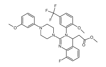 4-Quinazolineacetic acid, 8-fluoro-3,4-dihydro-2-[4-(3-Methoxyphenyl)-1-piperazinyl]-3-[2-Methoxy-5-(trifluoromethyl)phenyl]-, Methyl ester Structure