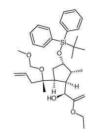 (S)-1-((1R,2R,3S,5S)-3-((tert-butyldiphenylsilyl)oxy)-5-((S)-2-(methoxymethoxy)pent-4-en-2-yl)-2-methylcyclopentyl)-2-ethoxyprop-2-en-1-ol结构式