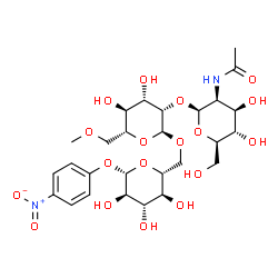 4-nitrophenyl O-(2-acetamido-2-deoxyglucopyranosyl)-(1-2)-O-(6-O-methylmannopyranosyl)-(1-6)-glucopyranoside结构式