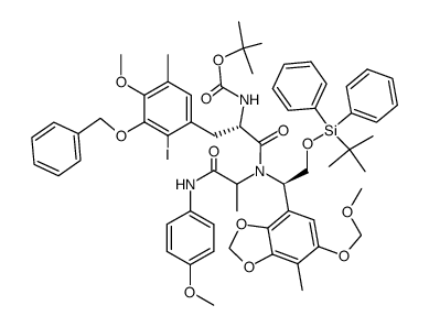 tert-butyl ((2S)-3-(3-(benzyloxy)-2-iodo-4-methoxy-5-methylphenyl)-1-(((R)-2-((tert-butyldiphenylsilyl)oxy)-1-(6-(methoxymethoxy)-7-methylbenzo[d][1,3]dioxol-4-yl)ethyl)(1-((4-methoxyphenyl)amino)-1-oxopropan-2-yl)amino)-1-oxopropan-2-yl)carbamate结构式