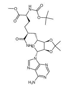 9-(methyl 9(S)-(((tert-butyloxy)carbonyl)amino)-6-carboxamido-5,6,7,8,9-pentadeoxy-2,3-O-isopropylidene-β-D-ribo-decafuranosyluronate)adenine Structure