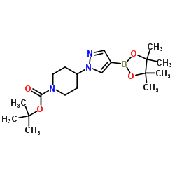 tert-Butyl 4-[4-(4,4,5,5-tetramethyl-1,3,2-dioxaborolan-2-yl)-1H-pyrazol-1-yl]piperidine-1-carboxylate structure