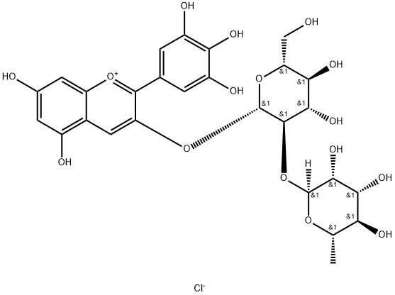 1-Benzopyrylium, 3-[[2-O-(6-deoxy-α-L-mannopyranosyl)-β-D-glucopyranosyl]oxy]-5,7-dihydroxy-2-(3,4,5-trihydroxyphenyl)-, chloride (1:1) Structure