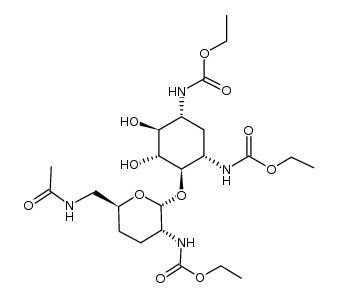 diethyl ((1R,3S,4R,5R,6S)-4-(((2R,3R,6S)-6-(acetamidomethyl)-3-((ethoxycarbonyl)amino)tetrahydro-2H-pyran-2-yl)oxy)-5,6-dihydroxycyclohexane-1,3-diyl)dicarbamate Structure