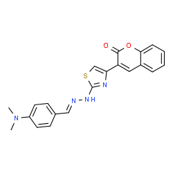 (E)-3-(2-(2-(4-(dimethylamino)benzylidene)hydrazinyl)thiazol-4-yl)-2H-chromen-2-one structure