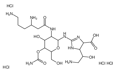 (4S)-5-(2-amino-1-hydroxyethyl)-2-[[(2R,3R,4R,5S,6R)-5-carbamoyloxy-3-(3,6-diaminohexanoylamino)-4-hydroxy-6-(hydroxymethyl)oxan-2-yl]amino]-4,5-dihydro-1H-imidazole-4-carboxylic acid,tetrahydrochloride Structure