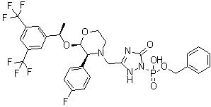 benzyl hydrogen (3-(((2R,3S)-2-((R)-1-(3,5-bis(trifluoromethyl)phenyl)ethoxy)-3-(4-fluorophenyl)morpholino)methyl)-5-imino-4,5-dihydro-1H-1,2,4-triazol-1-yl)phosphonate structure