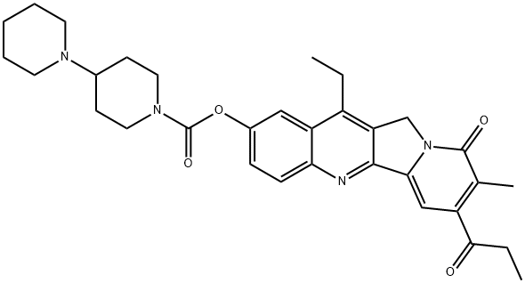 12-ethyl-8-methyl-9-oxo-7-propionyl-9,11-dihydroindolizino[1,2-b]quinolin-2-yl [1,4'-bipiperidine]-1'-carboxylate structure