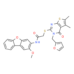 Acetamide, 2-[[3-(2-furanylmethyl)-3,4-dihydro-5,6-dimethyl-4-oxothieno[2,3-d]pyrimidin-2-yl]thio]-N-(2-methoxy-3-dibenzofuranyl)- (9CI) structure