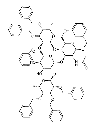 benzyl 2-acetamido-2-deoxy-4-O-(2,3,4-tri-O-benzyl-α-L-fucopyranosyl)-3-O-[2-O-(2,3,4-tri-O-benzyl-α-L-fucopyranosyl)-β-D-galactopyranosyl]-β-D-glucopyranoside结构式