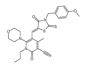 5-[[3-[(4-methoxyphenyl)methyl]-4-oxo-2-sulfanylidene-1,3-thiazolidin-5-ylidene]methyl]-4-methyl-6-morpholin-4-yl-2-oxo-1-propylpyridine-3-carbonitrile结构式