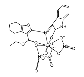 [Lu(nitrate)3(2-(N-indole-2-one)amino-3-carboxyethyl-4,5,6,7-tetrahydrobenzo[b]thiophene)] Structure