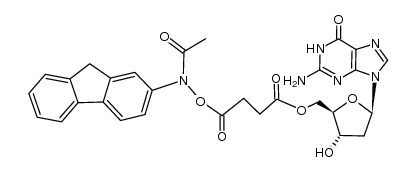 ((2R,3S,5R)-5-(2-amino-6-oxo-1H-purin-9(6H)-yl)-3-hydroxytetrahydrofuran-2-yl)methyl 4-((N-(9H-fluoren-2-yl)acetamido)oxy)-4-oxobutanoate结构式