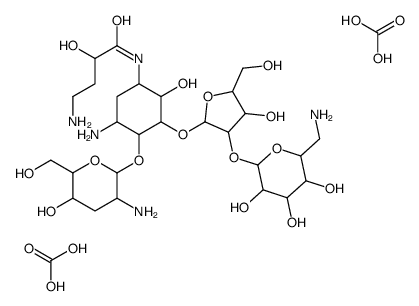 5-(O-(2-O-(6-amino-6-deoxy-beta-idopyranosyl)-beta-ribofuranosyl)-1-N-4-amino-2-hydroxybutanoyl)-3'-deoxyparomamine结构式