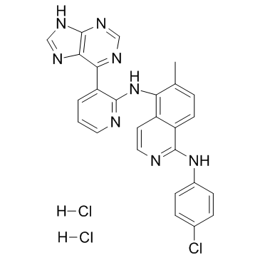 N1-(4-氯苯基)-6-甲基-N5-[3-(9H-嘌呤-6-基)-2-吡啶]-1,5-异喹啉二胺双盐酸盐结构式