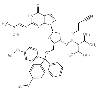 5'-O-(4,4'-DIMETHOXYTRITYL)-N2-DIMETHYLAMINOMETHYLENE-8-AZA-7-DEAZA-2'-DEOXYGUANOSINE, 3'-[(2-CYANOETHYL)-(N,N-DIISOPROPYL)]PHOSPHORAMIDITE Structure