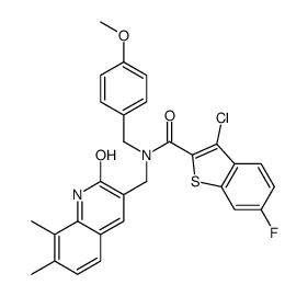 Benzo[b]thiophene-2-carboxamide, 3-chloro-N-[(1,2-dihydro-7,8-dimethyl-2-oxo-3-quinolinyl)methyl]-6-fluoro-N-[(4-methoxyphenyl)methyl]- (9CI) picture