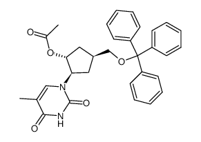 (+/-)-1-((1α,2β,4α)-2-(acetyloxy)-4-((triphenylmethoxy)methyl)cyclopentyl)-5-methyl-2,4(1H,3H)-pyrimidinedione结构式