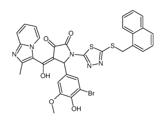 5-(3-bromo-4-hydroxy-5-methoxyphenyl)-4-[hydroxy-(2-methylimidazo[1,2-a]pyridin-3-yl)methylidene]-1-[5-(naphthalen-1-ylmethylsulfanyl)-1,3,4-thiadiazol-2-yl]pyrrolidine-2,3-dione结构式