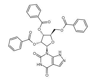 7-(2,3,5-tri-O-benzoyl-β-D-ribofuranosyl)pyrazolo[3,4-d]pyrimidine-4,6(1H,5H)-dione Structure