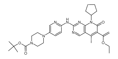 4-{6-[8-cyclopentyl-6-(1-ethoxyvinyl)-5-methyl-7-oxo-7,8-dihydropyrido[2,3-d]pyrimidin-2-ylamino]pyridin-3-yl}piperazine-1-carboxylic acid tert-butyl ester结构式