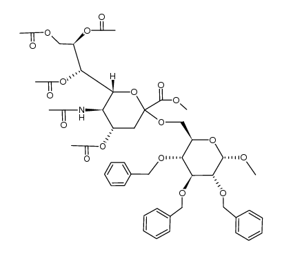 (1S,2R)-1-((2R,3R,4S)-3-acetamido-4-acetoxy-6-(methoxycarbonyl)-6-(((2R,3R,4S,5R,6S)-3,4,5-tris(benzyloxy)-6-methoxytetrahydro-2H-pyran-2-yl)methoxy)tetrahydro-2H-pyran-2-yl)propane-1,2,3-triyl triacetate结构式