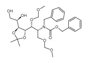 benzyl benzyl((5R,6R)-5-((4S,5S)-5-((R)-1,2-dihydroxyethyl)-2,2-dimethyl-1,3-dioxolan-4-yl)-2,4,8,10-tetraoxaundecan-6-yl)carbamate结构式